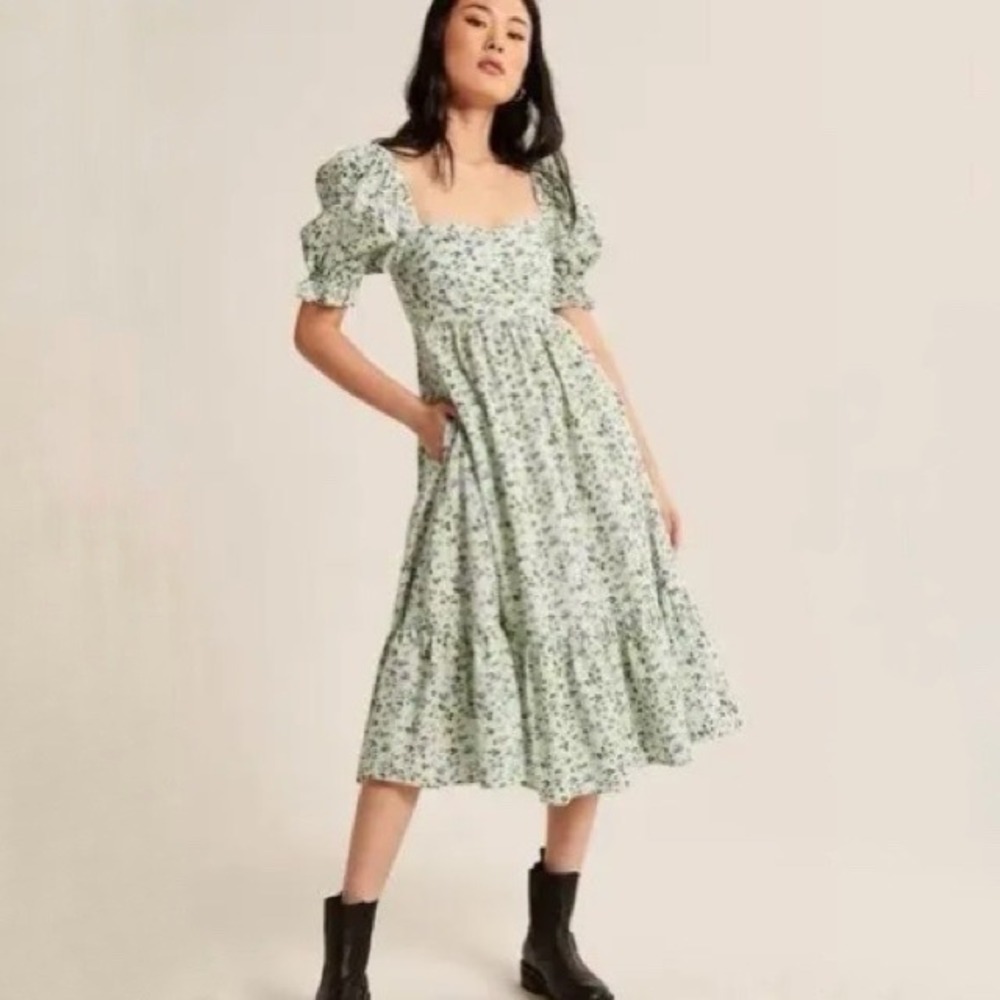 Abercrombie & Fitch Floral Puff Sleeve Smocked Midi Dress Cream Blue XSP